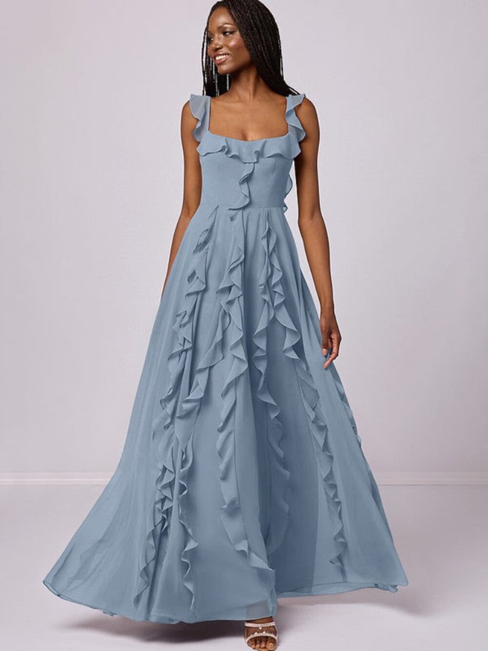 Ruffle-Detail Light Blue Maxi Dress